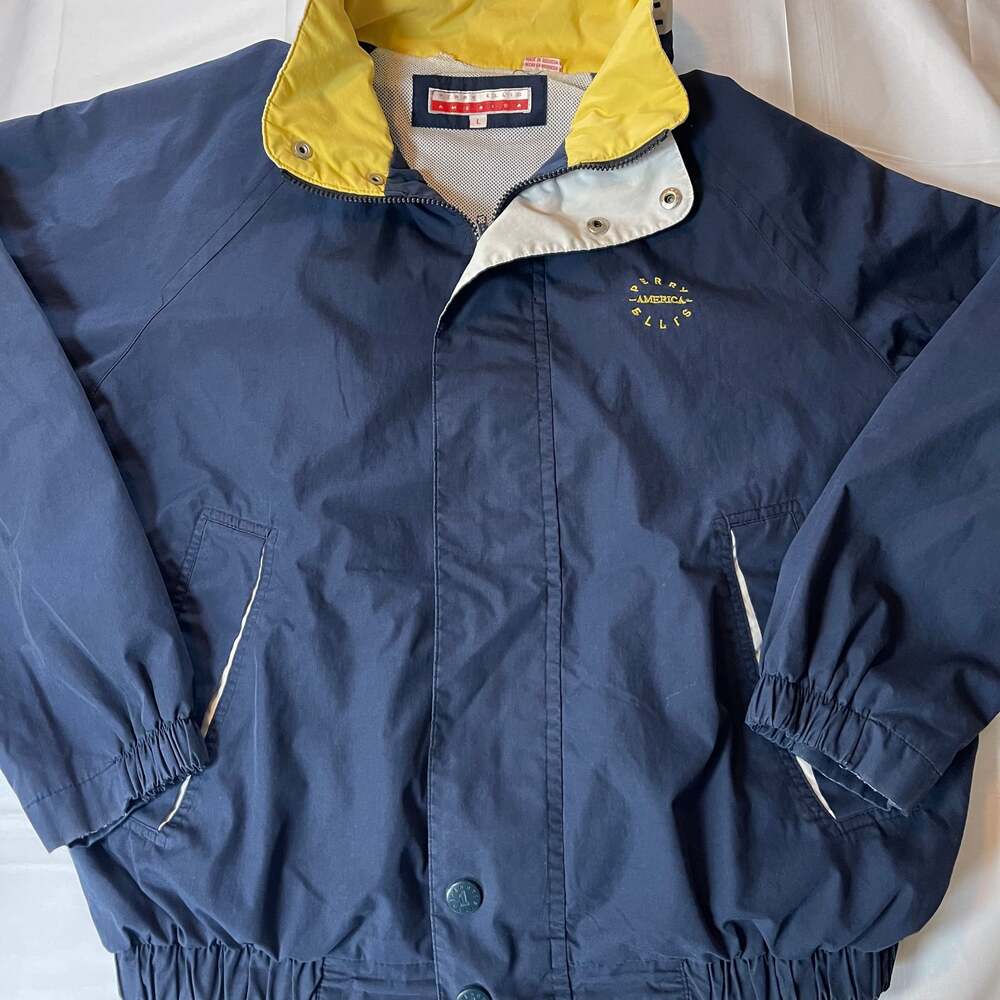 Vintage Perry Ellis America Men's Yellow Blue Full Zip Windbreaker Jacket
